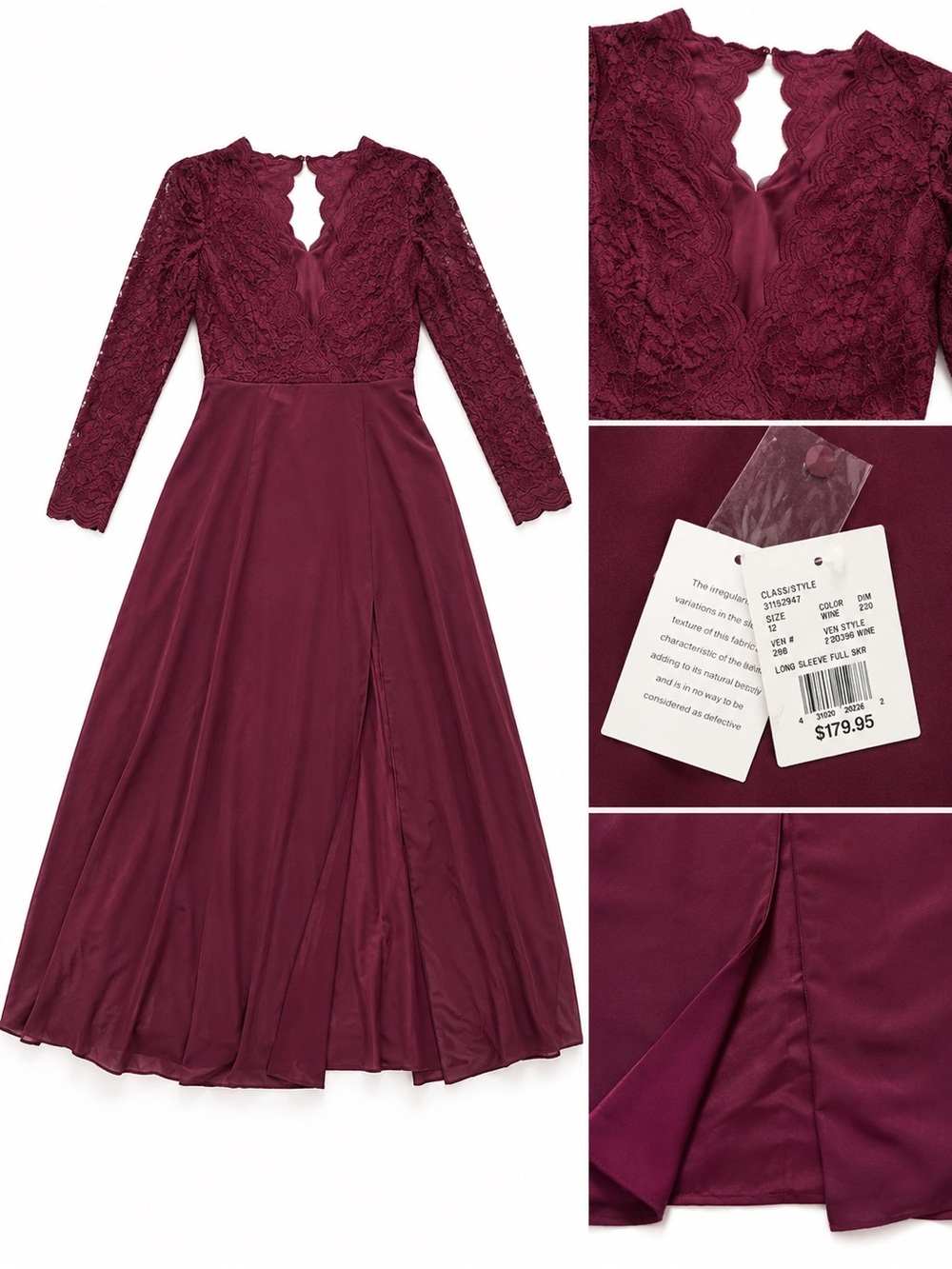 NWT Wine Lace Long Sleeve Formal Gown Size 12 Front Slit Evening Dress